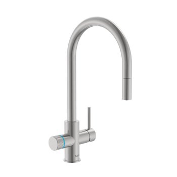 Baterie de bucătărie ROCA Aquafy, pipă înaltă arcuită, cap extractibil, filtru 5 trepte inclus, inox